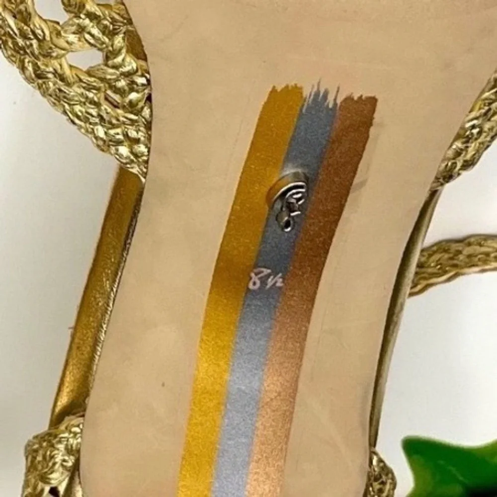 New Sam Edelman Gold Woven Kitten Heels Metallic Strappy Square Toe Sandals 8.5